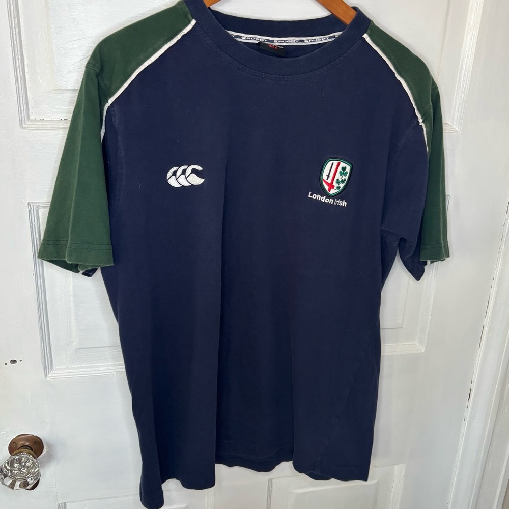 Vintage Canterbury London Irish Navy and Green Men's Short Sleeve Shirt
